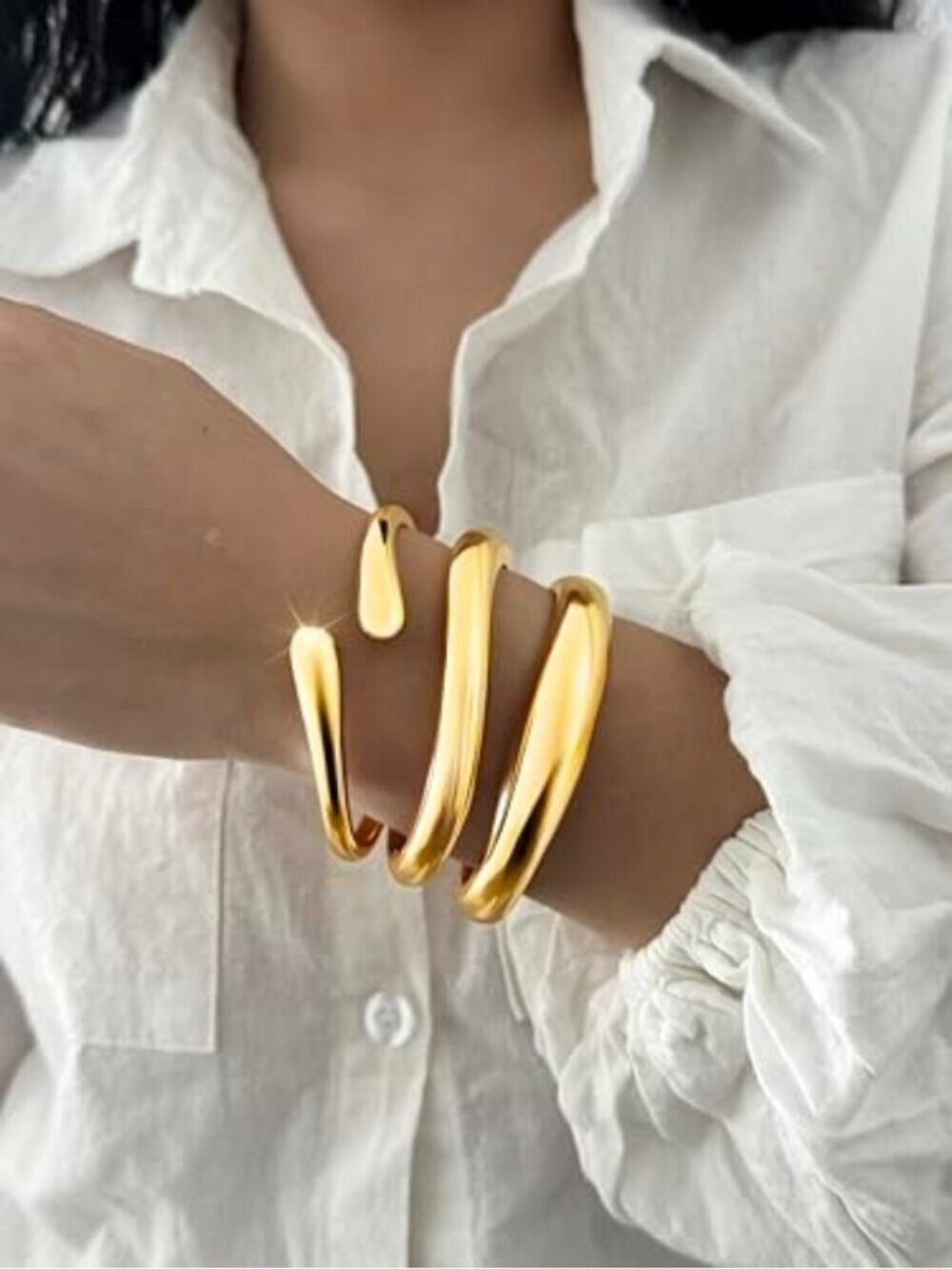 🆕 Chunky Gold Bangles for Women, 14k Gold Plated Twisted Hinged Stackable